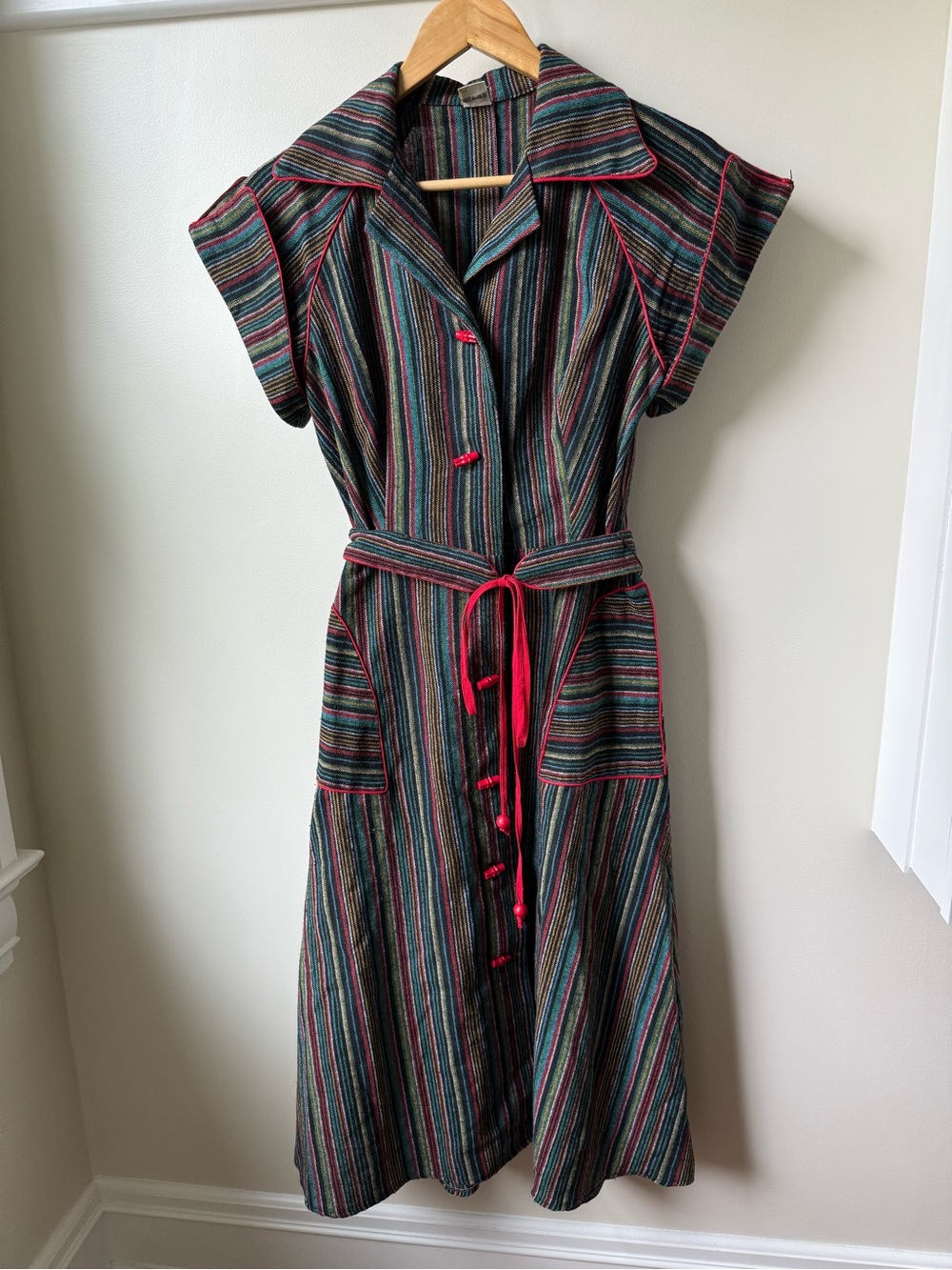 VINTAGE Striped Shirtdress Woven Midi Dress Rockabilly Pin Up Rainbow MCM 40 L